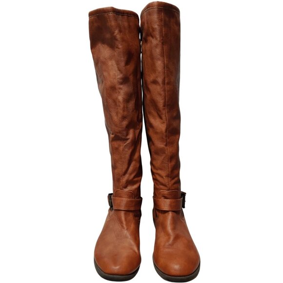 Bamboo Montage 10 Womens Boots Brown Knee High Faux Leather Buckle Stud Lined - Picture 4 of 15